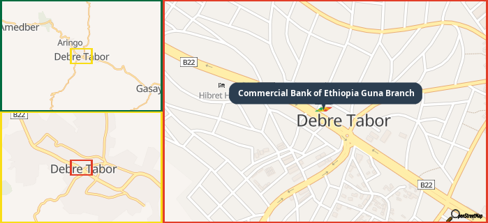 Map showing the address of Commercial Bank of Ethiopia Guna Branch in three different zoom levels.