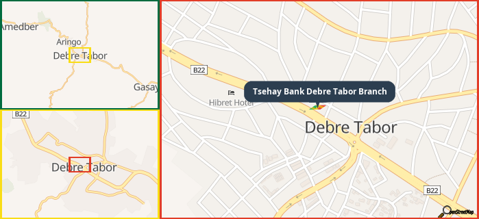 Map showing the address of Tsehay Bank Debre Tabor Branch in three different zoom levels.