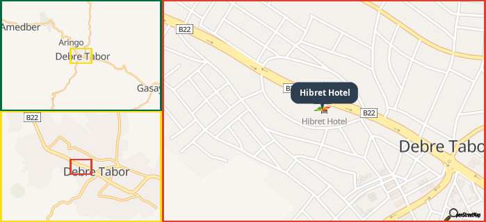Map showing the address of Hibret Hotel in three different zoom levels.