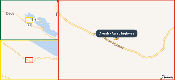 Map showing the address of Awash - Assab highway in three different zoom levels.