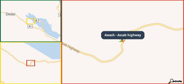 Map showing the address of Awash - Assab highway in three different zoom levels.