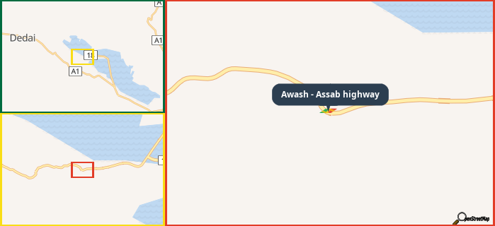 Map showing the address of Awash - Assab highway in three different zoom levels.