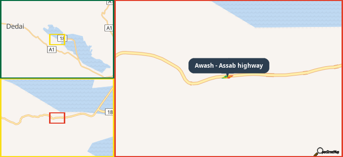 Map showing the address of Awash - Assab highway in three different zoom levels.