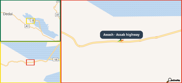 Map showing the address of Awash - Assab highway in three different zoom levels.