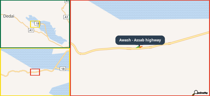 Map showing the address of Awash - Assab highway in three different zoom levels.