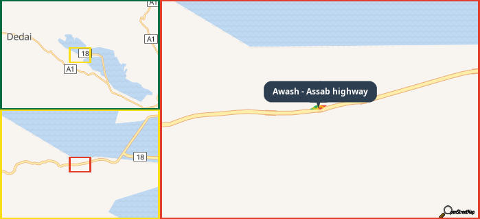 Map showing the address of Awash - Assab highway in three different zoom levels.