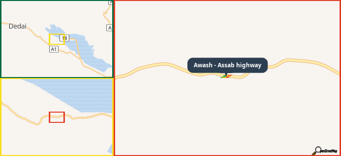 Map showing the address of Awash - Assab highway in three different zoom levels.