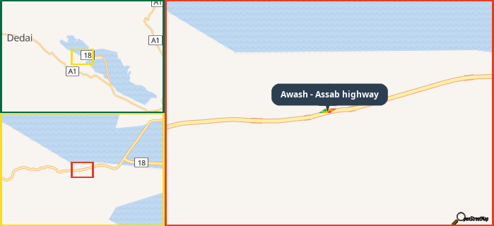 Map showing the address of Awash - Assab highway in three different zoom levels.