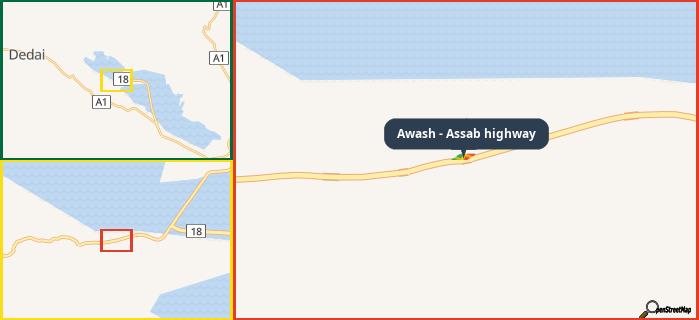 Map showing the address of Awash - Assab highway in three different zoom levels.