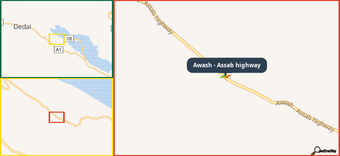 Map showing the address of Awash - Assab highway in three different zoom levels.