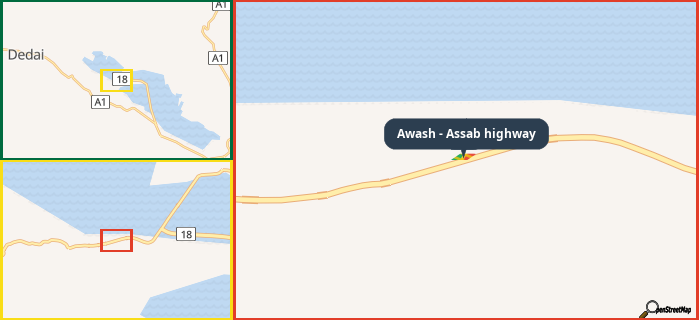 Map showing the address of Awash - Assab highway in three different zoom levels.