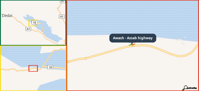 Map showing the address of Awash - Assab highway in three different zoom levels.