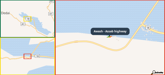 Map showing the address of Awash - Assab highway in three different zoom levels.