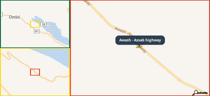 Map showing the address of Awash - Assab highway in three different zoom levels.