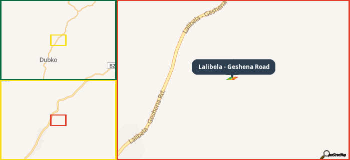 Map showing the address of Lalibela - Geshena Road in three different zoom levels.