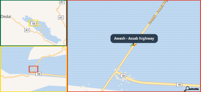 Map showing the address of Awash - Assab highway in three different zoom levels.