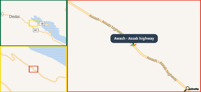 Map showing the address of Awash - Assab highway in three different zoom levels.