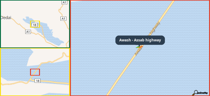 Map showing the address of Awash - Assab highway in three different zoom levels.
