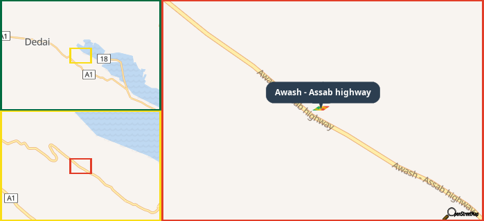 Map showing the address of Awash - Assab highway in three different zoom levels.