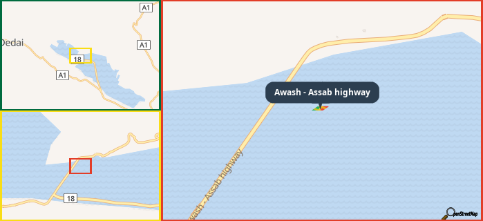 Map showing the address of Awash - Assab highway in three different zoom levels.