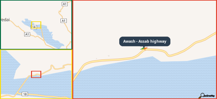 Map showing the address of Awash - Assab highway in three different zoom levels.