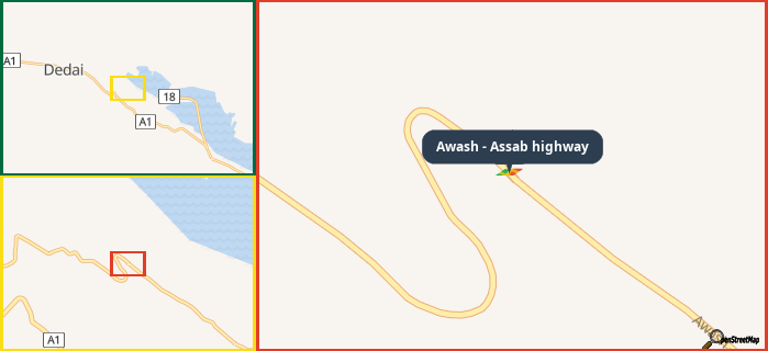 Map showing the address of Awash - Assab highway in three different zoom levels.
