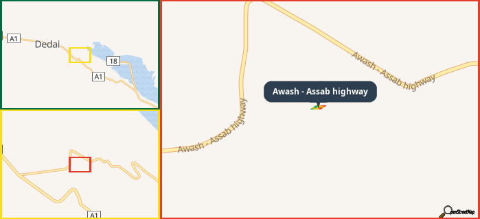 Map showing the address of Awash - Assab highway in three different zoom levels.