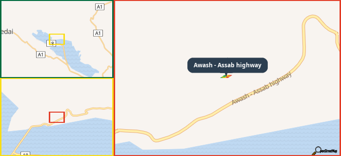 Map showing the address of Awash - Assab highway in three different zoom levels.