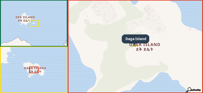 Map showing the address of Daga Island in three different zoom levels.