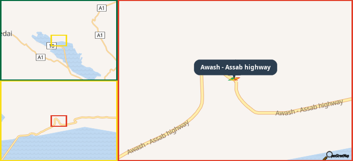 Map showing the address of Awash - Assab highway in three different zoom levels.