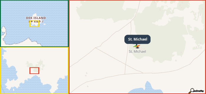 Map showing the address of St. Michael in three different zoom levels.