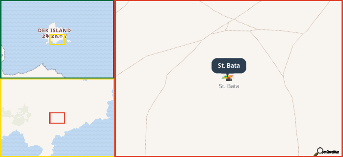 Map showing the address of St. Bata in three different zoom levels.