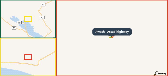 Map showing the address of Awash - Assab highway in three different zoom levels.