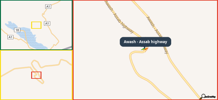 Map showing the address of Awash - Assab highway in three different zoom levels.