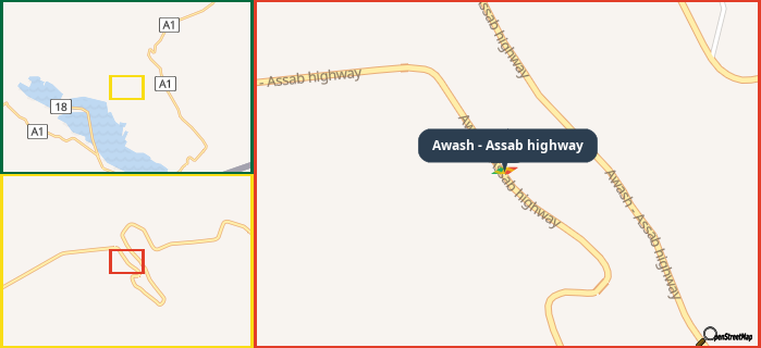 Map showing the address of Awash - Assab highway in three different zoom levels.