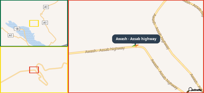 Map showing the address of Awash - Assab highway in three different zoom levels.