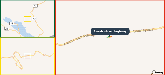 Map showing the address of Awash - Assab highway in three different zoom levels.