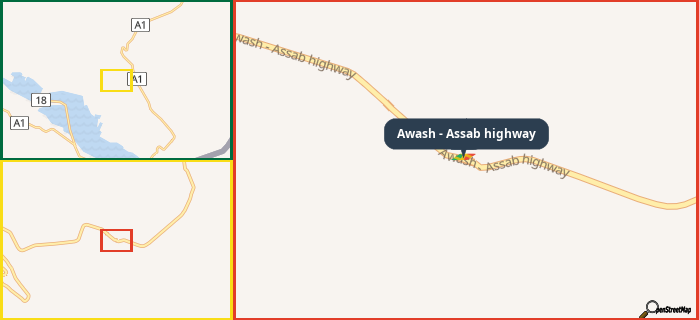 Map showing the address of Awash - Assab highway in three different zoom levels.