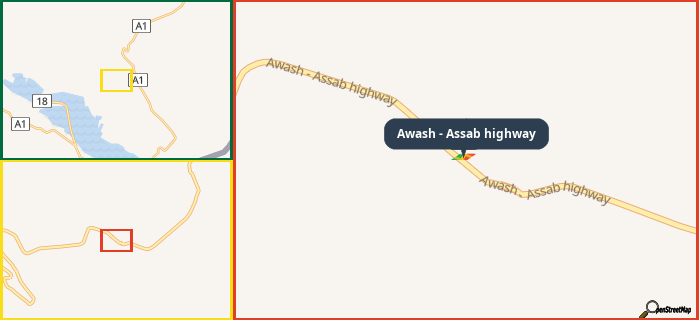 Map showing the address of Awash - Assab highway in three different zoom levels.