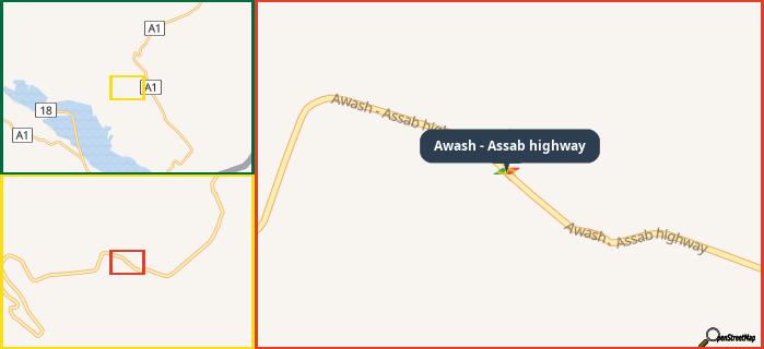 Map showing the address of Awash - Assab highway in three different zoom levels.