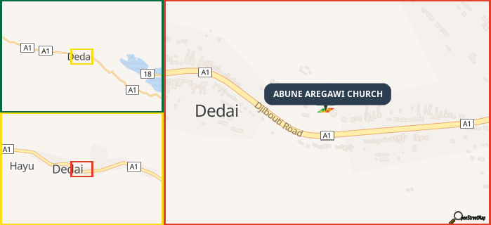 Map showing the address of ABUNE AREGAWI CHURCH in three different zoom levels.