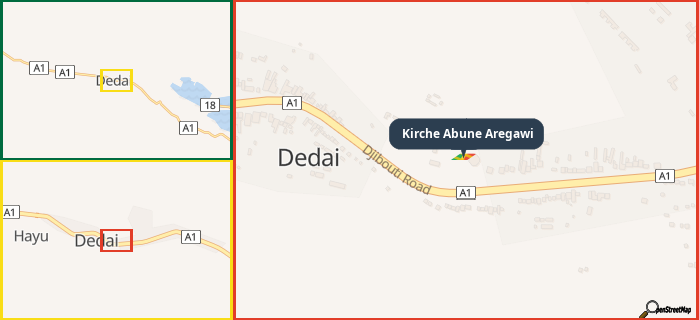 Map showing the address of Kirche Abune Aregawi in three different zoom levels.