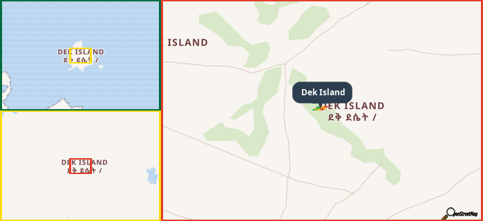 Map showing the address of Dek Island in three different zoom levels.