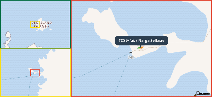 Map showing the address of ናርጋ ሥላሴ / Narga Sellasie in three different zoom levels.