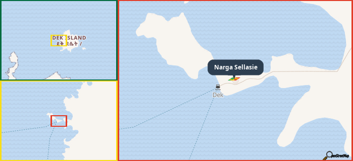 Map showing the address of Narga Sellasie in three different zoom levels.