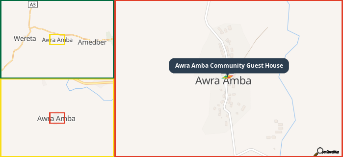 Map showing the address of Awra Amba Community Guest House in three different zoom levels.