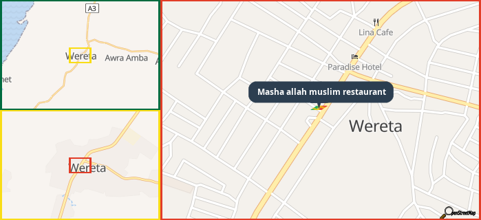 Map showing the address of Masha allah muslim restaurant in three different zoom levels.