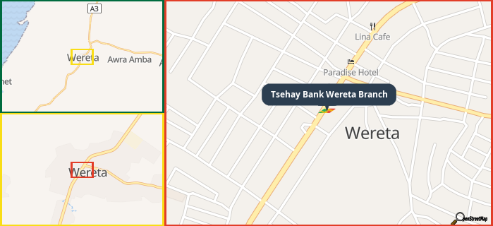 Map showing the address of Tsehay Bank Wereta Branch in three different zoom levels.