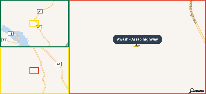 Map showing the address of Awash - Assab highway in three different zoom levels.