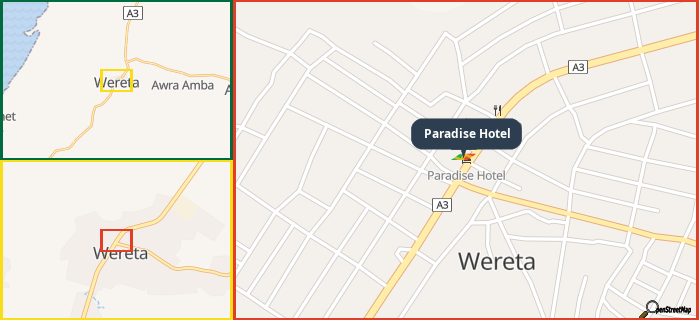 Map showing the address of Paradise Hotel in three different zoom levels.